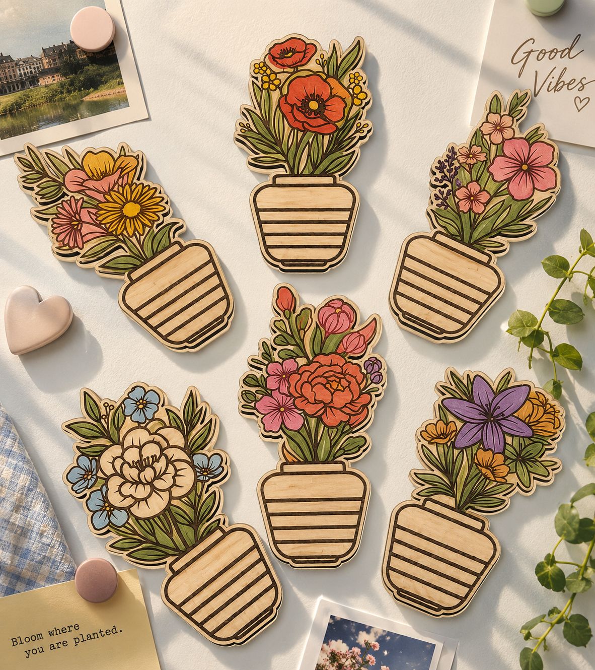 Blooming Flower Pot Fridge Magnet Set (Pack of 6)
