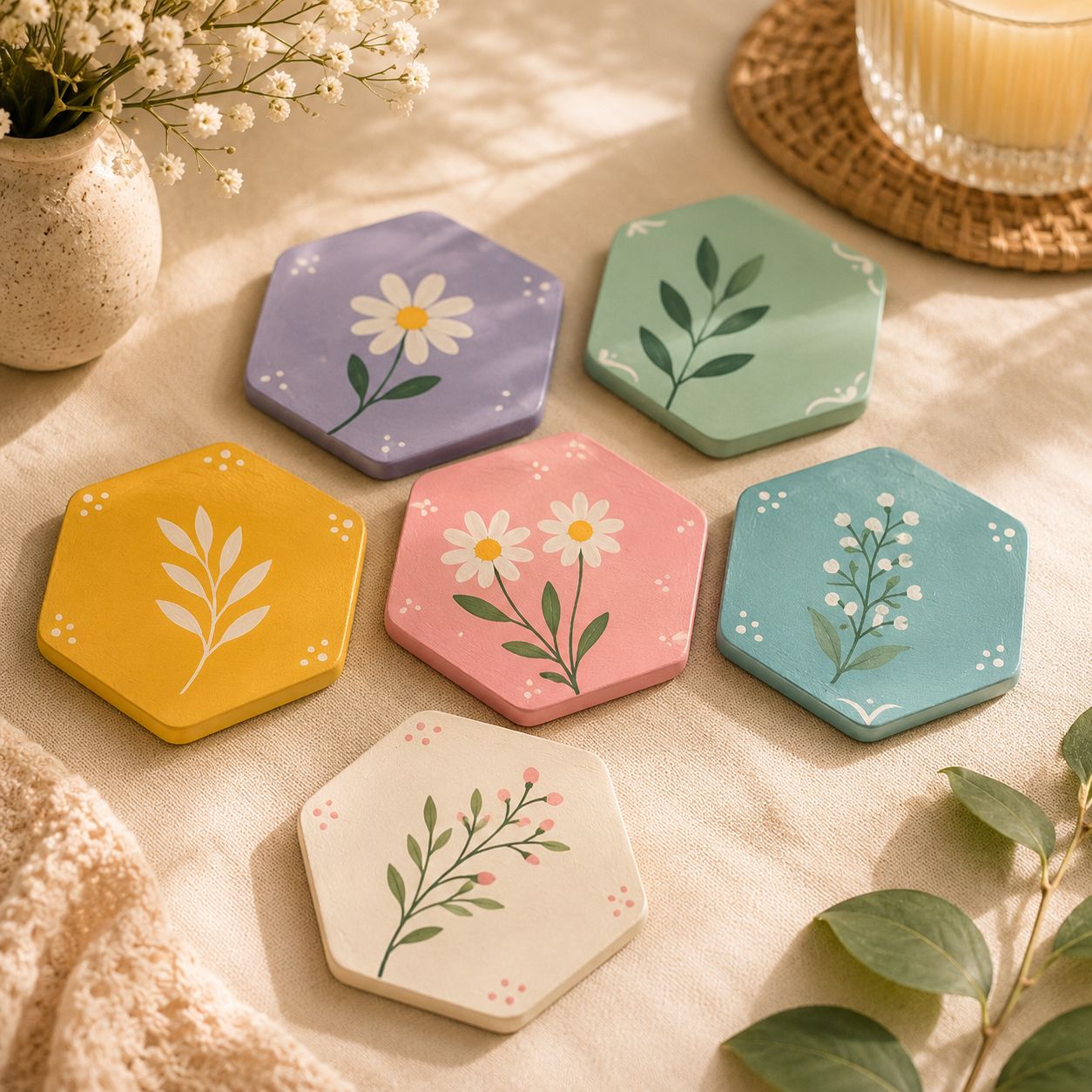 Hand-Painted Floral MDF Coasters (Set of 3 / Set of 6)